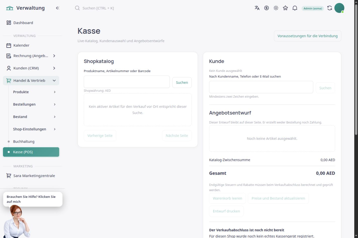 Deutsche ASMA-Shop-Kasse mit Katalog, Proforma und Einrichtung eines echten Geräts