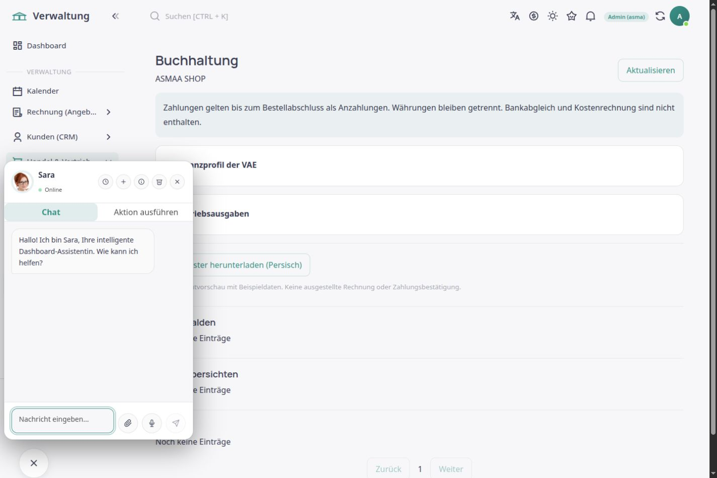 Deutschsprachige ASMA-Shop-Oberfläche für Managementberichte