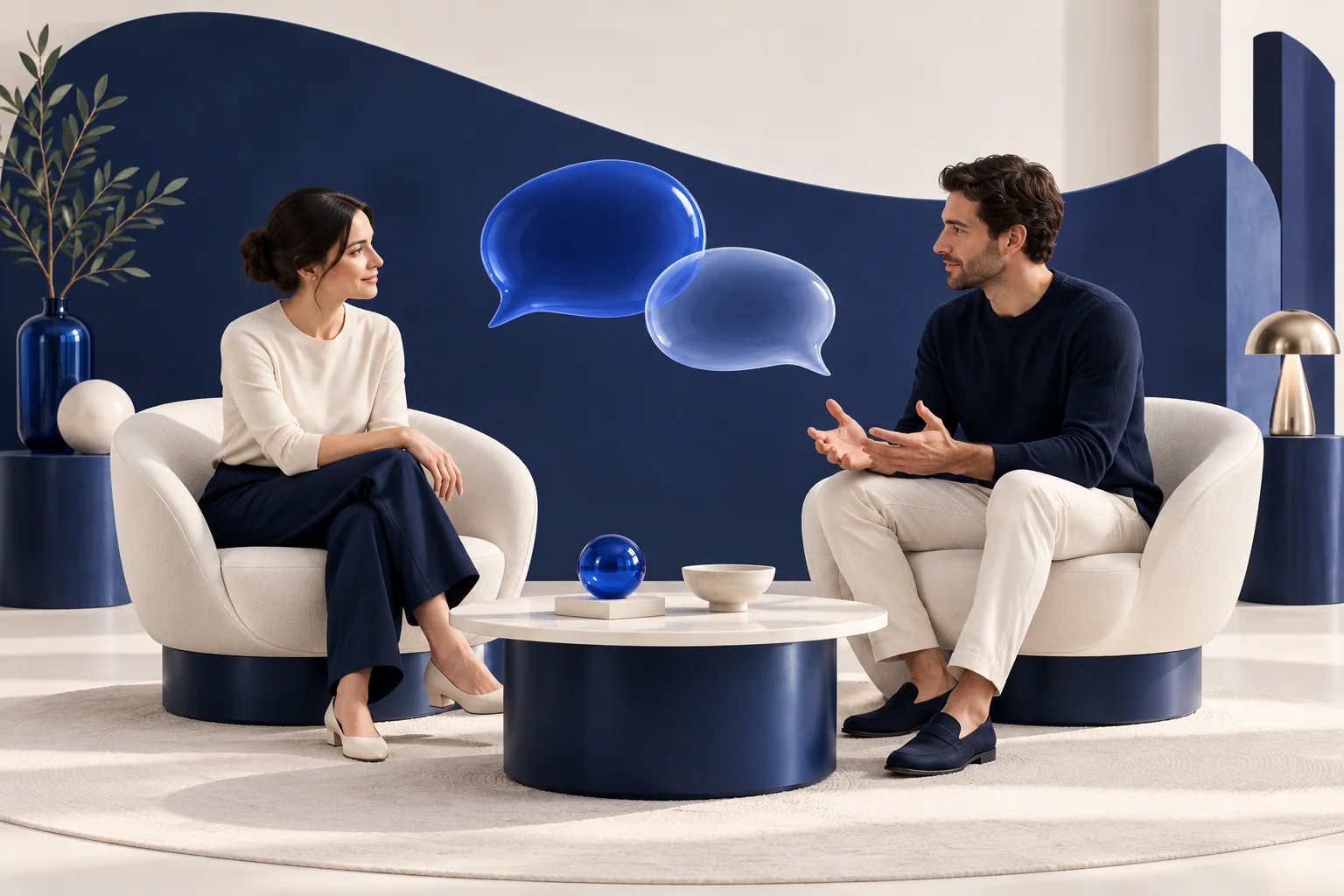 Two seated figures in a calm conversation emphasize context and checking understanding.