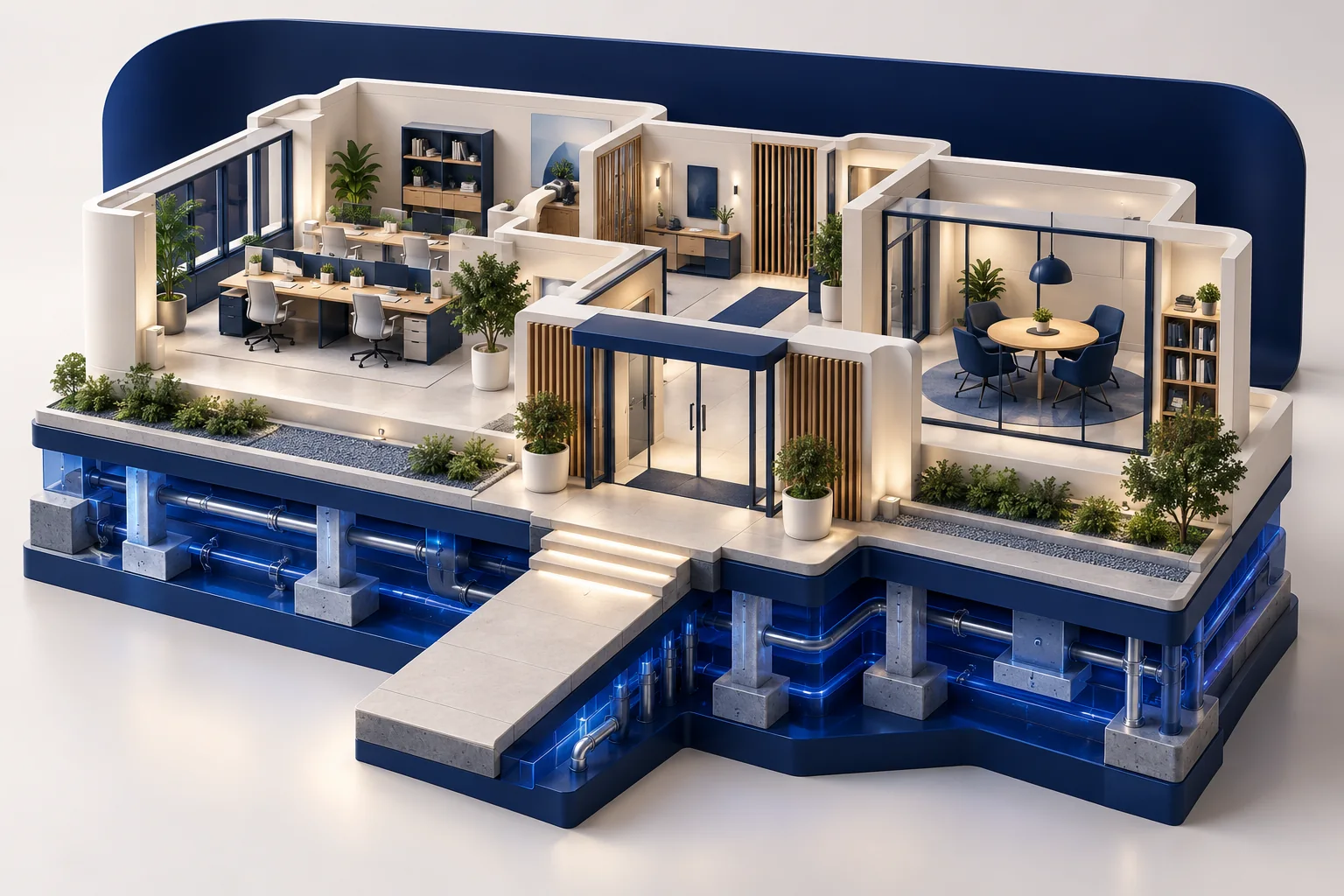 A cutaway workplace model shows usable rooms, an accessible entrance and supporting infrastructure.