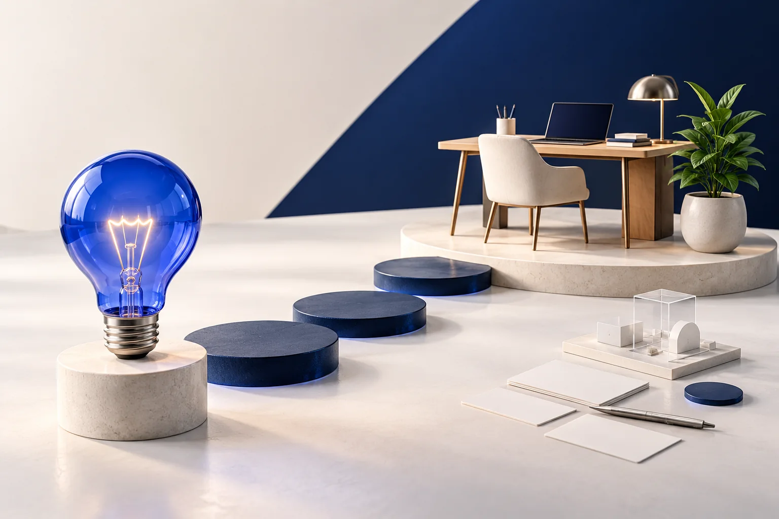 A blue glass lightbulb, stepping platforms and a small workspace illustrate planning and testing a business launch.