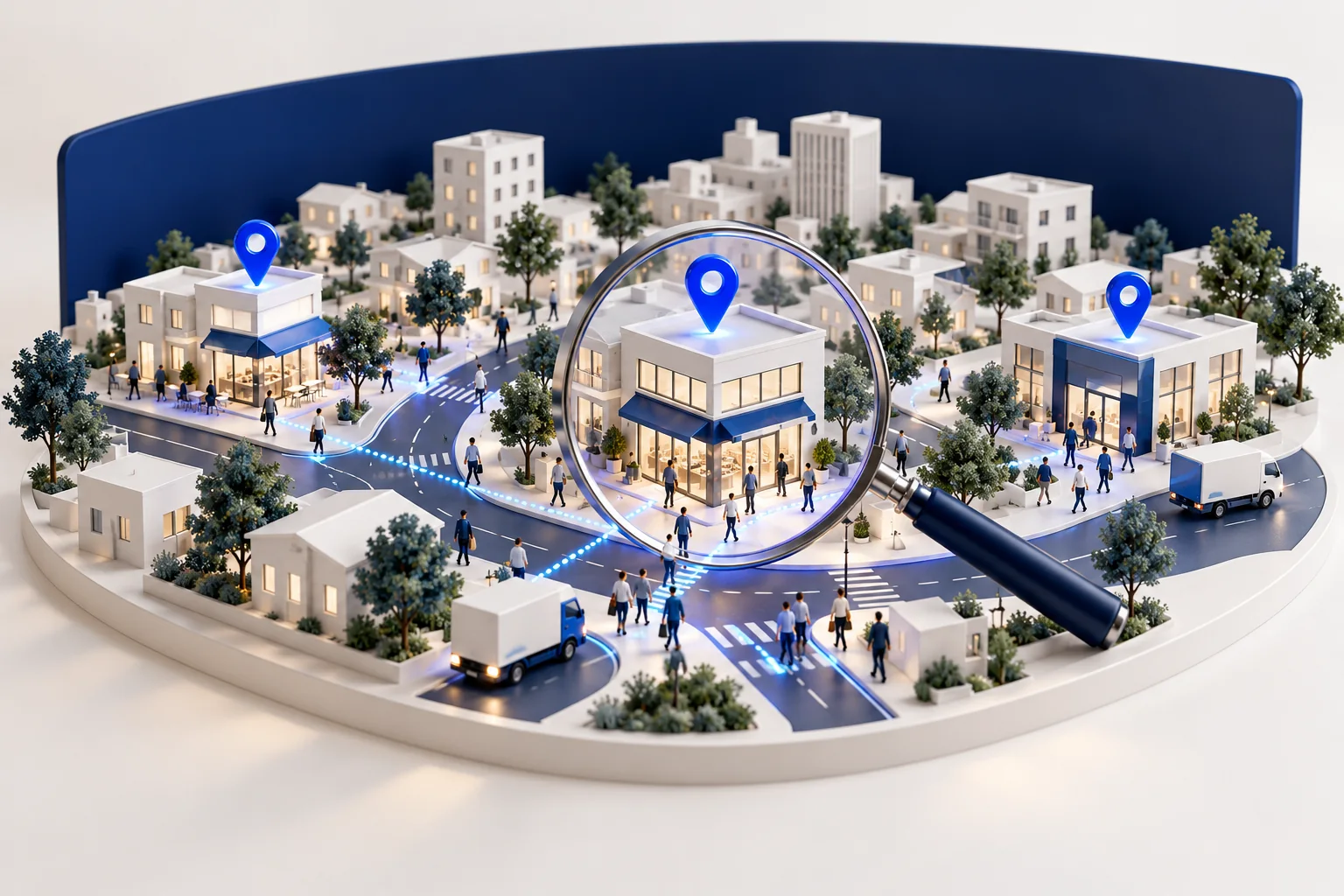 A miniature neighborhood compares three possible sites and their routes to customers.