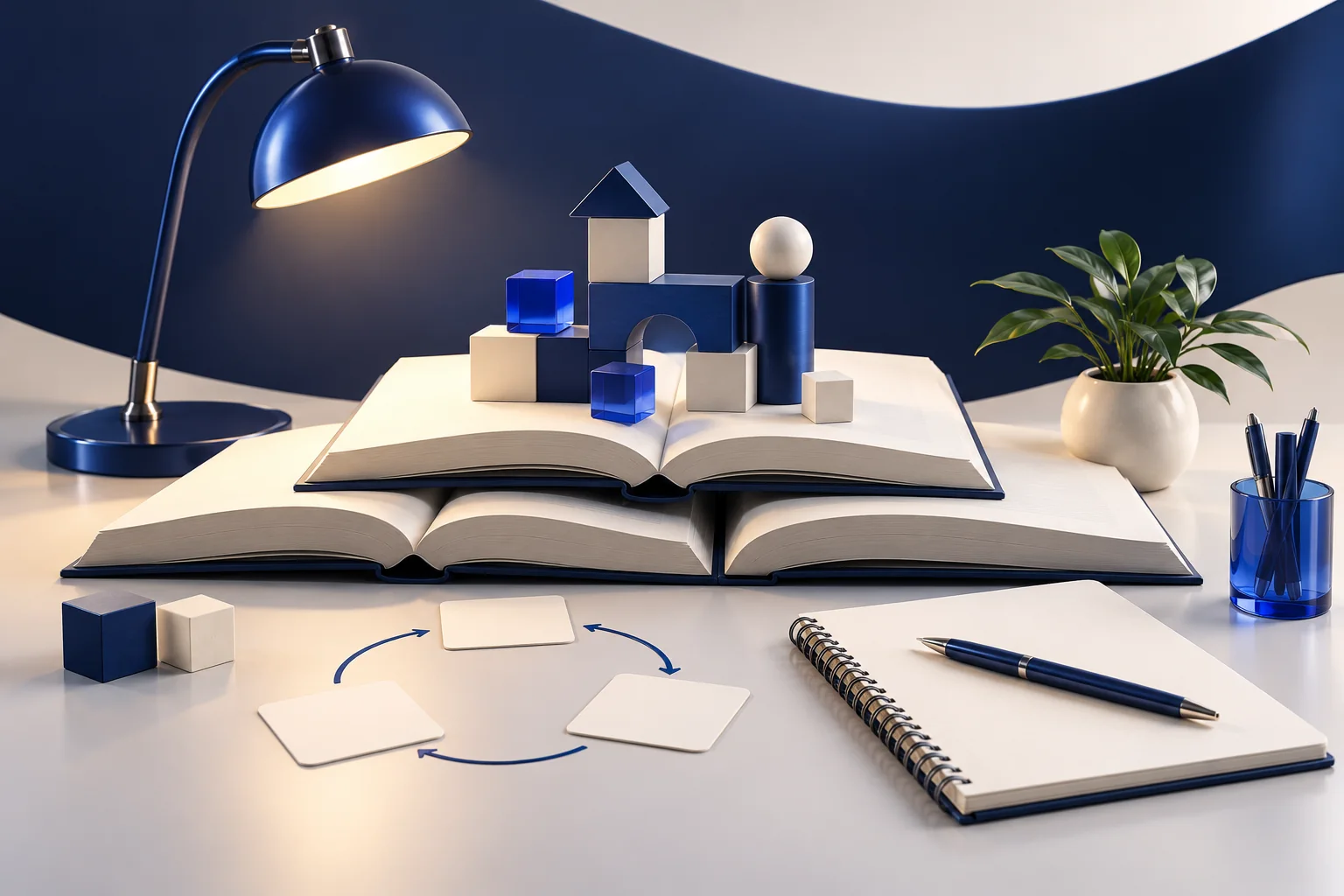 Open books, a learning lamp and modular practice blocks illustrate learning, application and review.