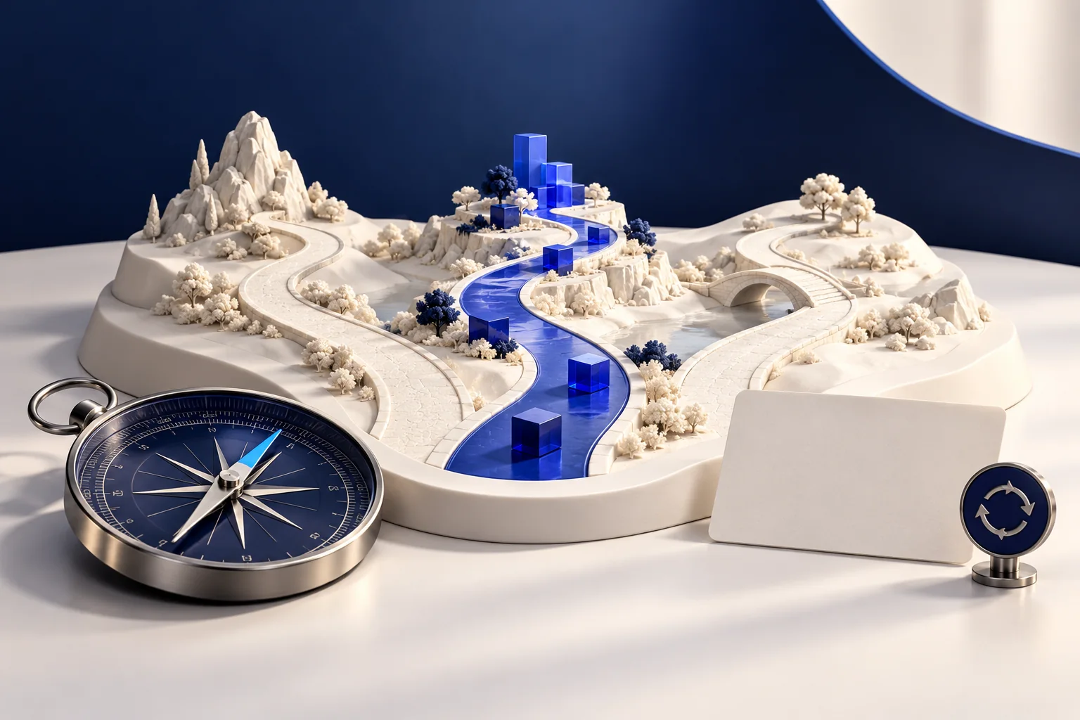 A compass and deliberate route choices connect limited resources to a selected business direction.