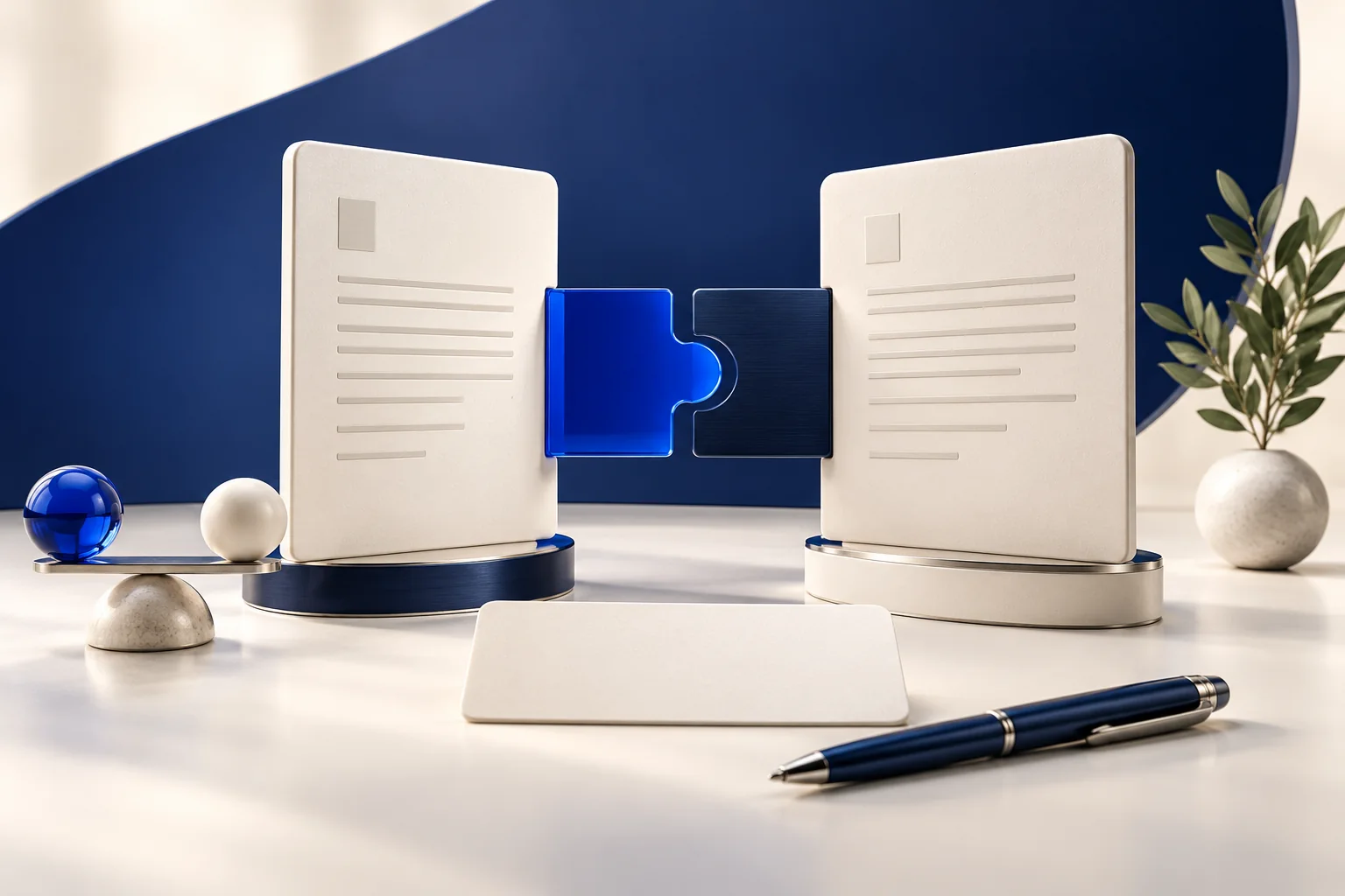 Two aligned contract documents and balanced linked pieces represent clear mutual obligations.