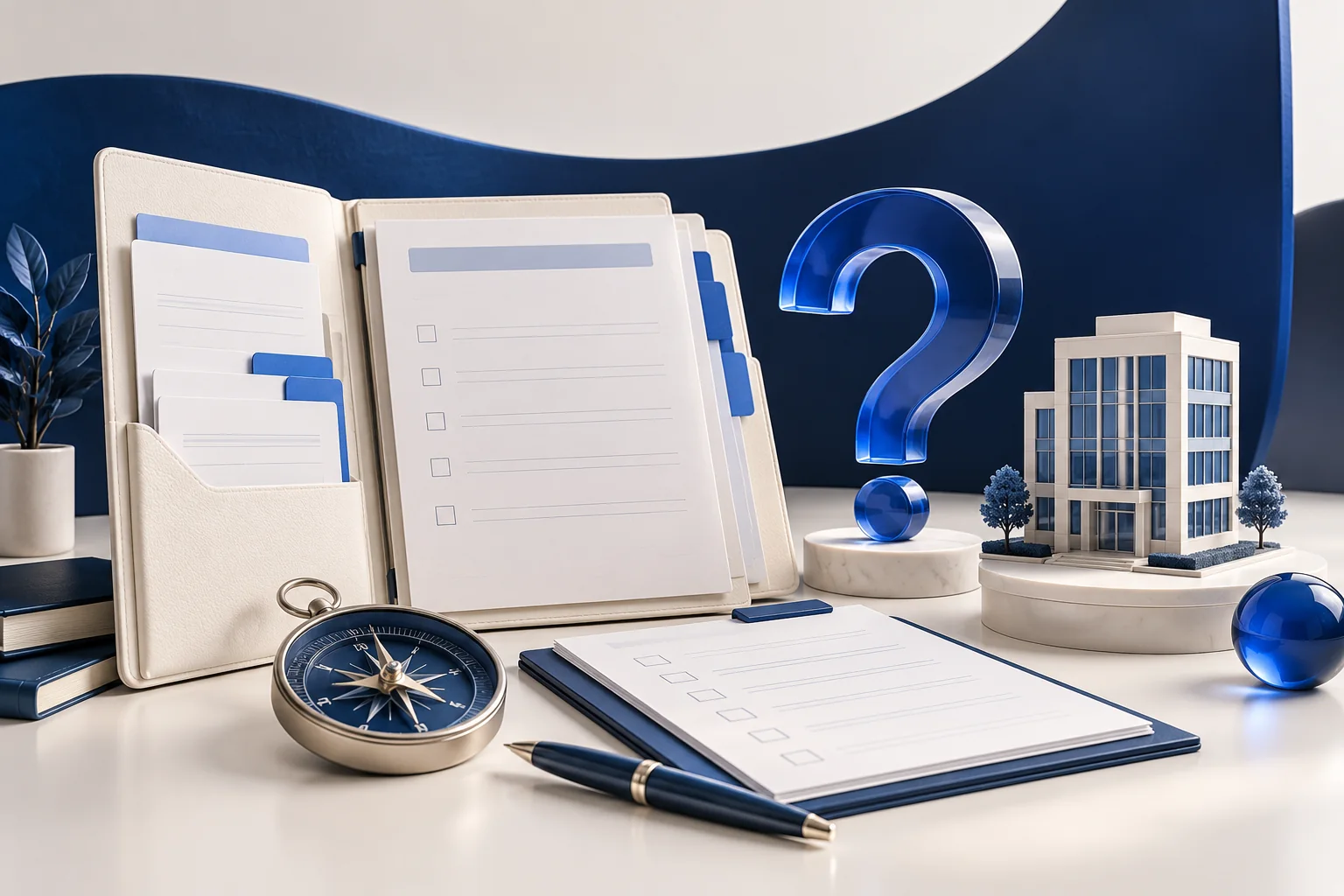 A preparation folder, blank company documents, a building model and a review checklist.