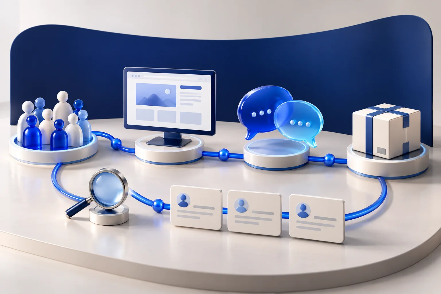 Connected audience, webpage, conversation and delivery stations show a complete digital customer journey.