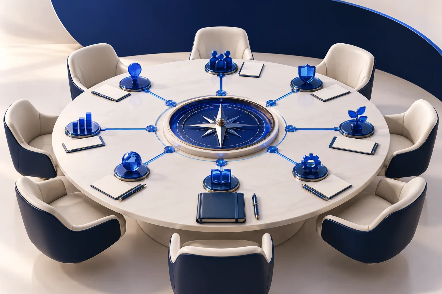 A shared compass and clear decision paths connect an executive table to accountable teams.
