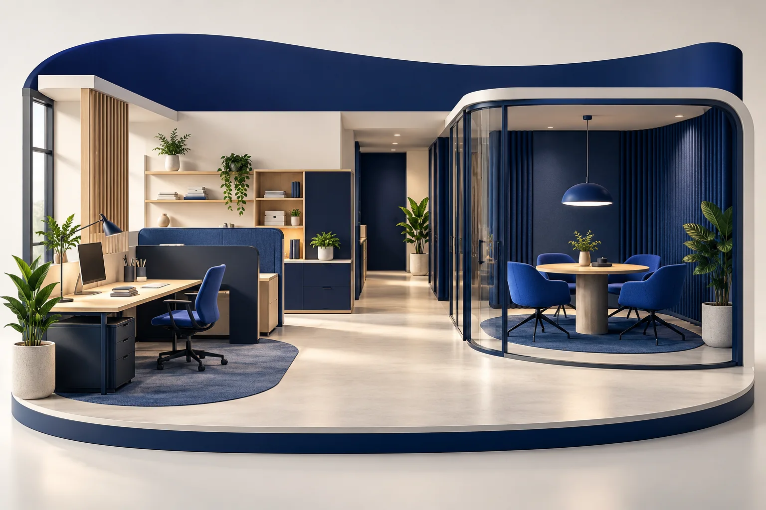A cutaway workplace balances quiet desks, a meeting zone, lighting and clear circulation.