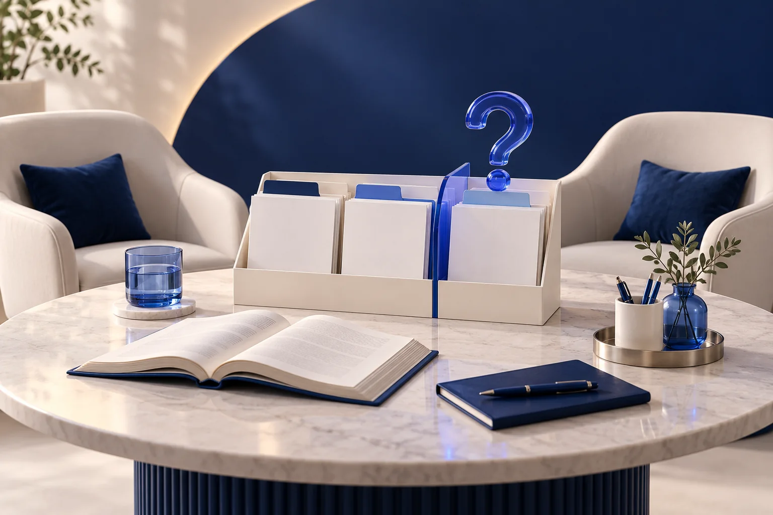 An organized document brief and question markers prepared for a professional consultation.