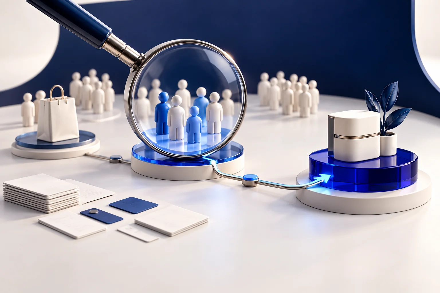 A magnifying glass examines customer groups, alternative offers and research cards.