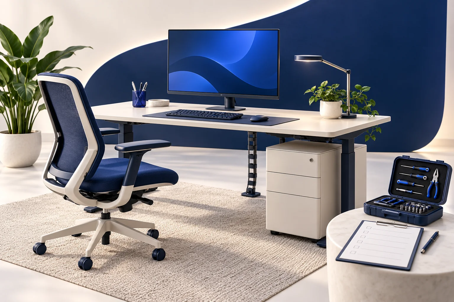An ergonomic workstation, connected equipment and maintenance tools form a usable working system.