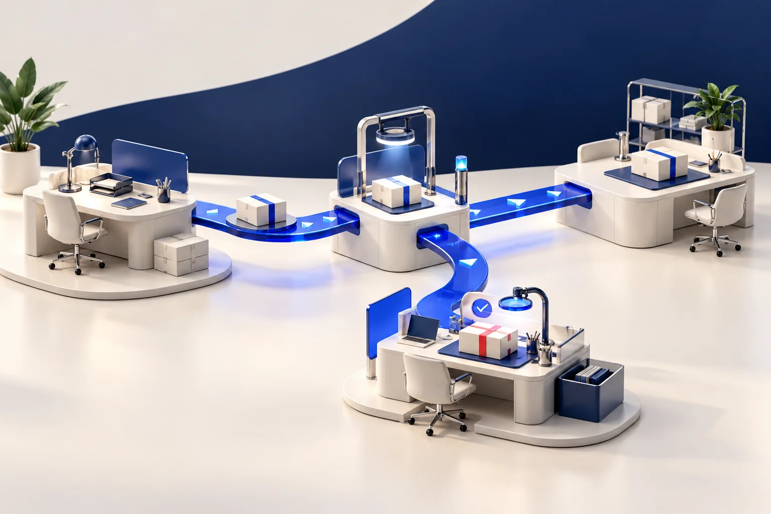 Connected workstations and a review checkpoint organize reliable everyday delivery.