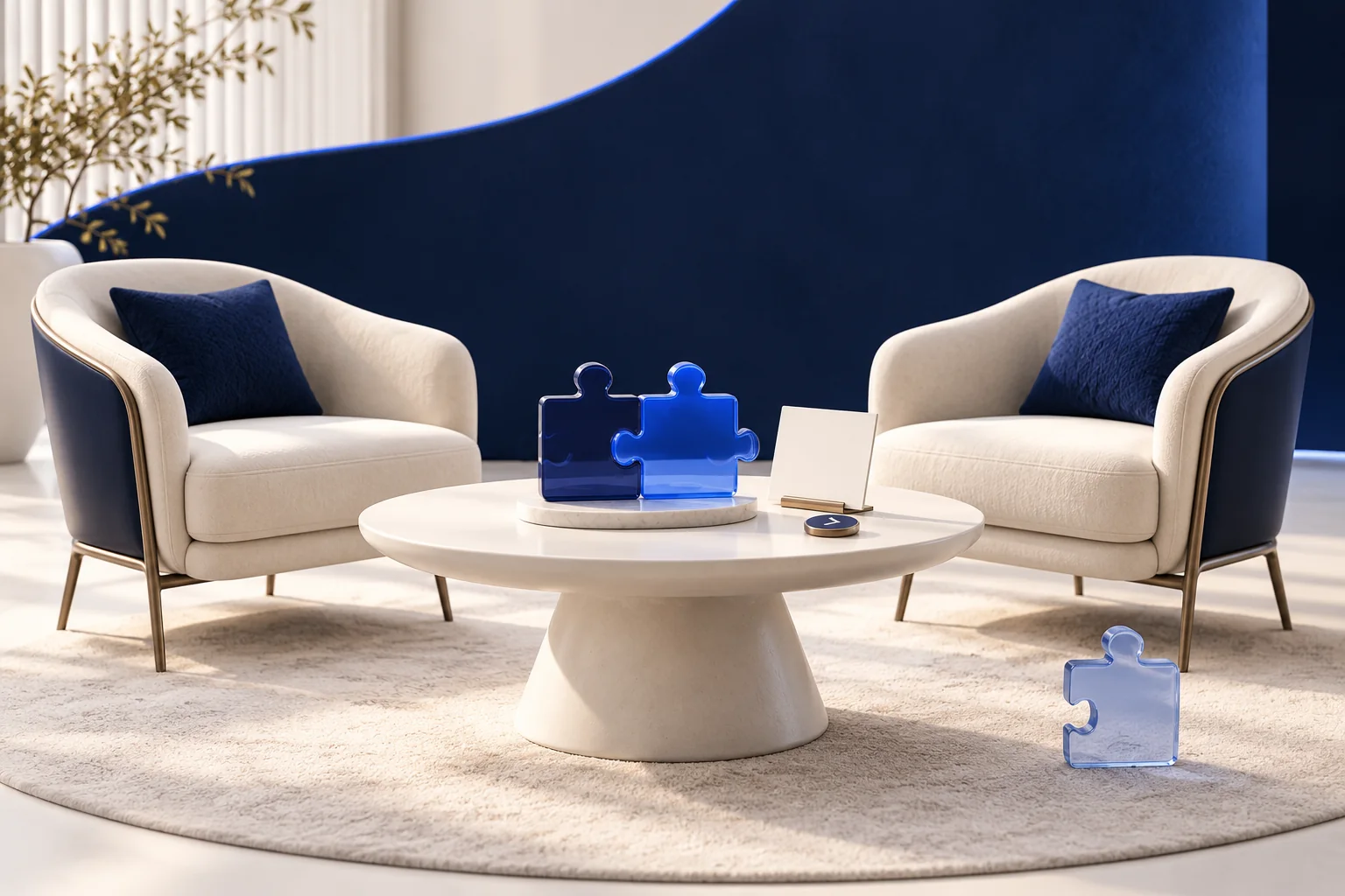 Two facing consultation chairs and a clear proposal show a conversation about mutual fit.