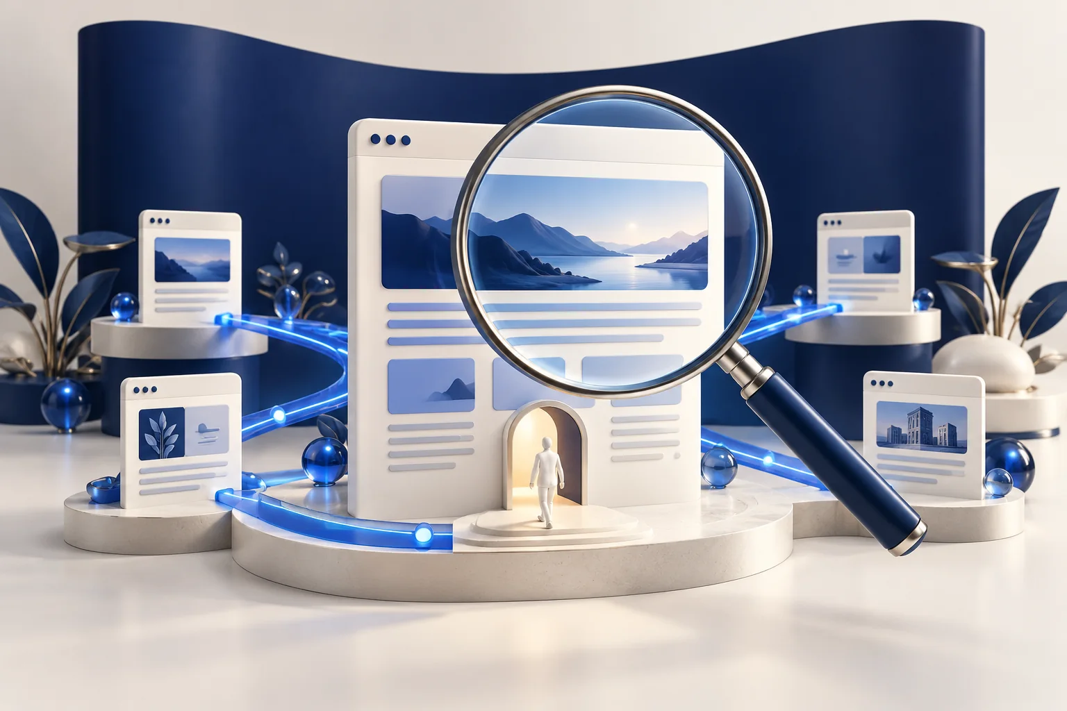 A clear content page, linked discovery paths and a search lens represent useful discoverability.