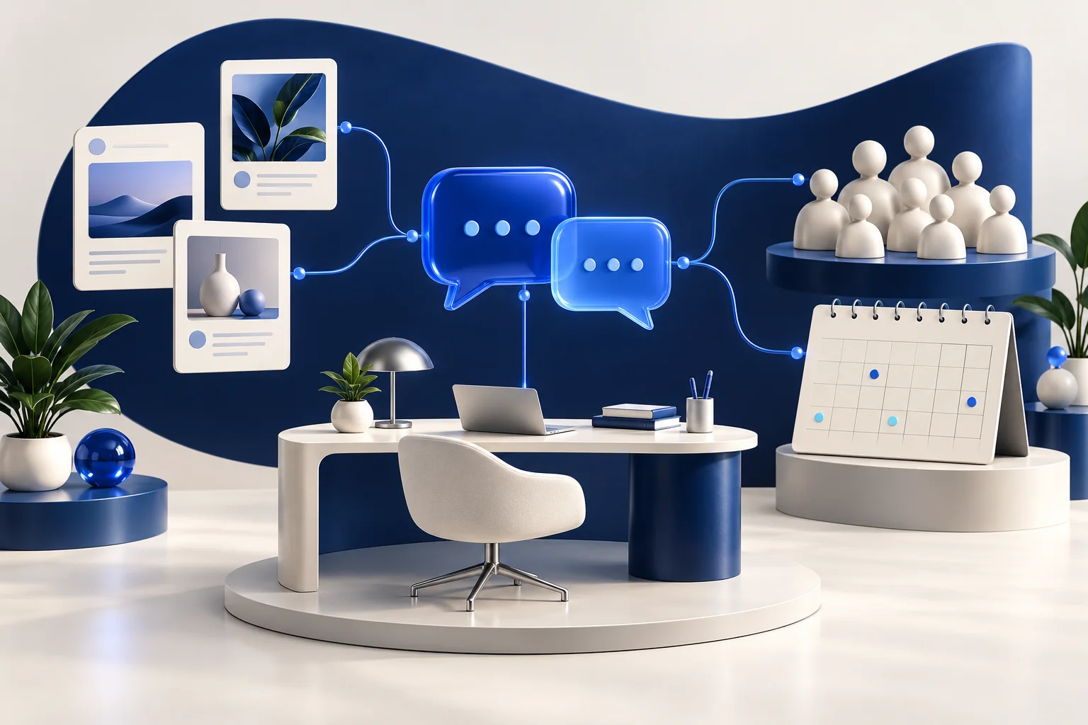 Content cards, conversation shapes and a calendar connect a business with its audience.