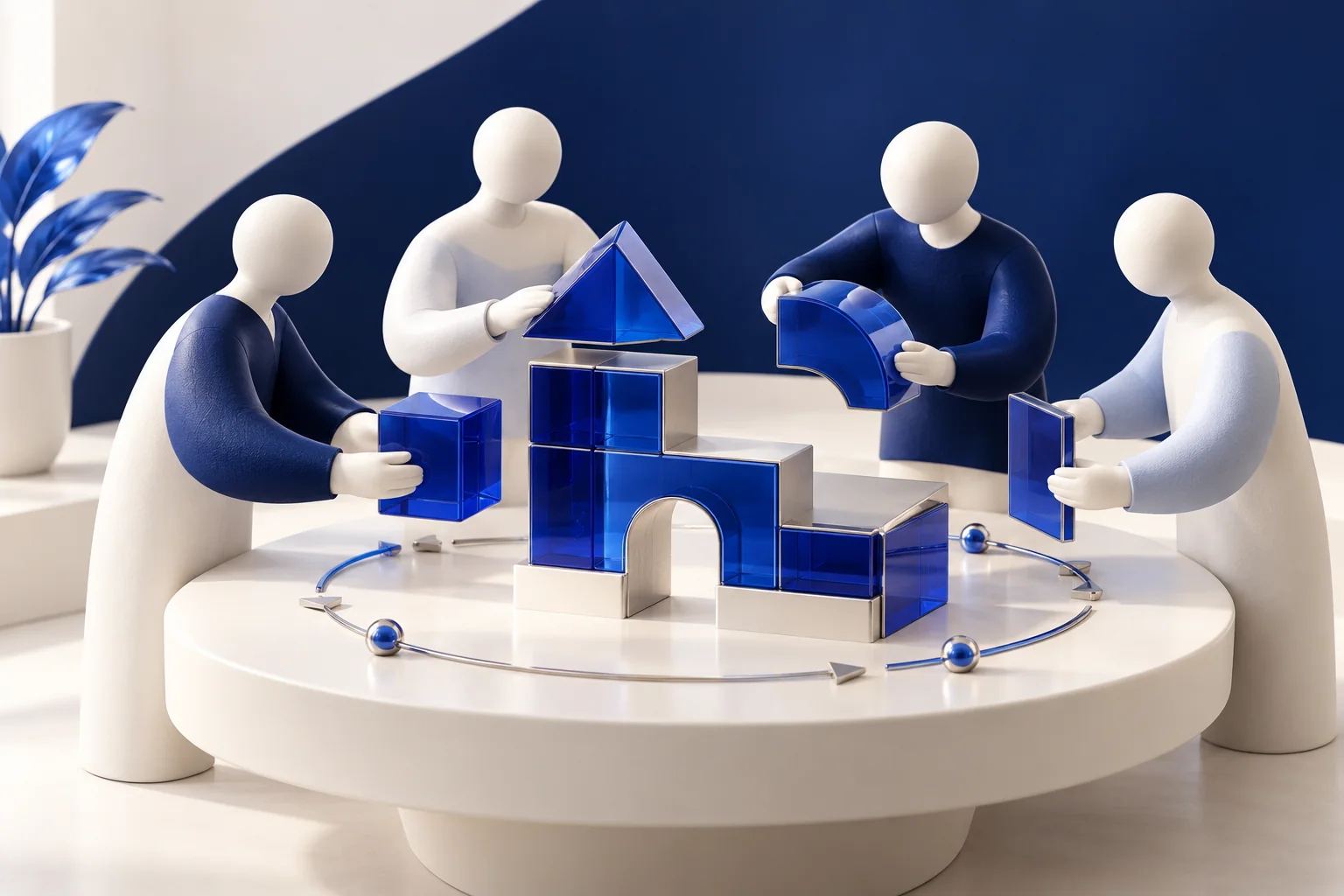 Equal team figures coordinate complementary pieces around one shared task.