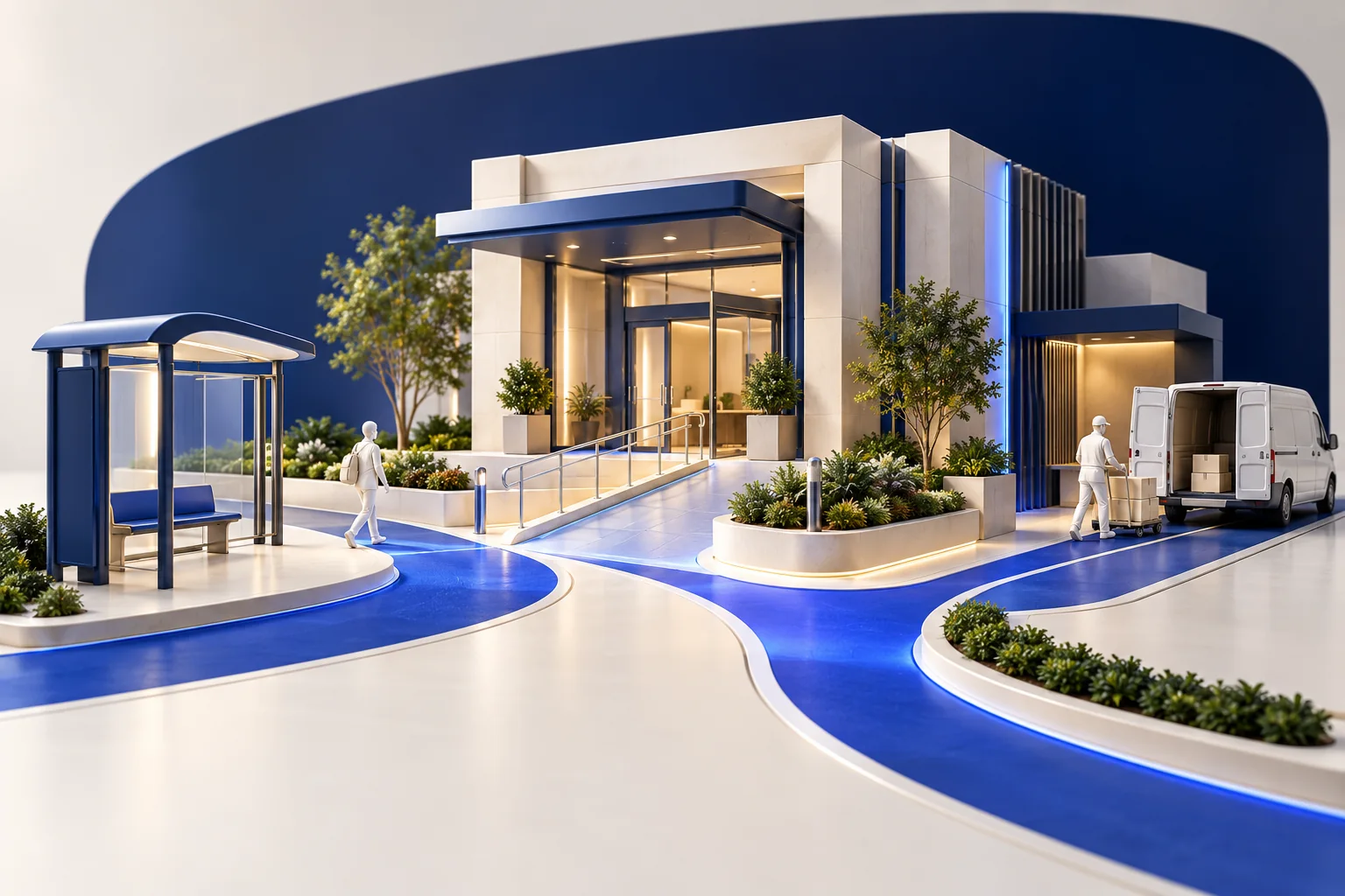 Pedestrian, transit and delivery routes lead to an accessible business entrance.