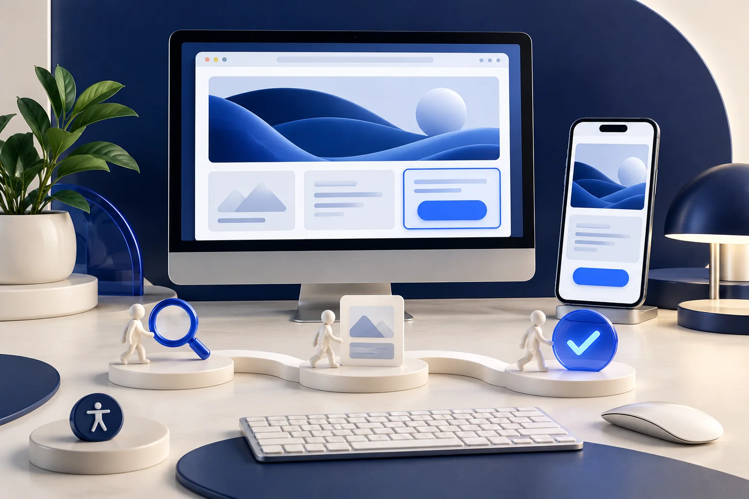 A desktop page and matching mobile screen show a clear accessible path through a task.