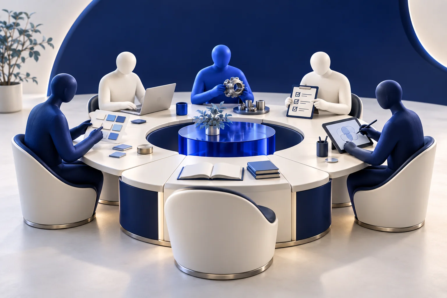 Five equal team figures with complementary tools gather around a shared project and learning table.