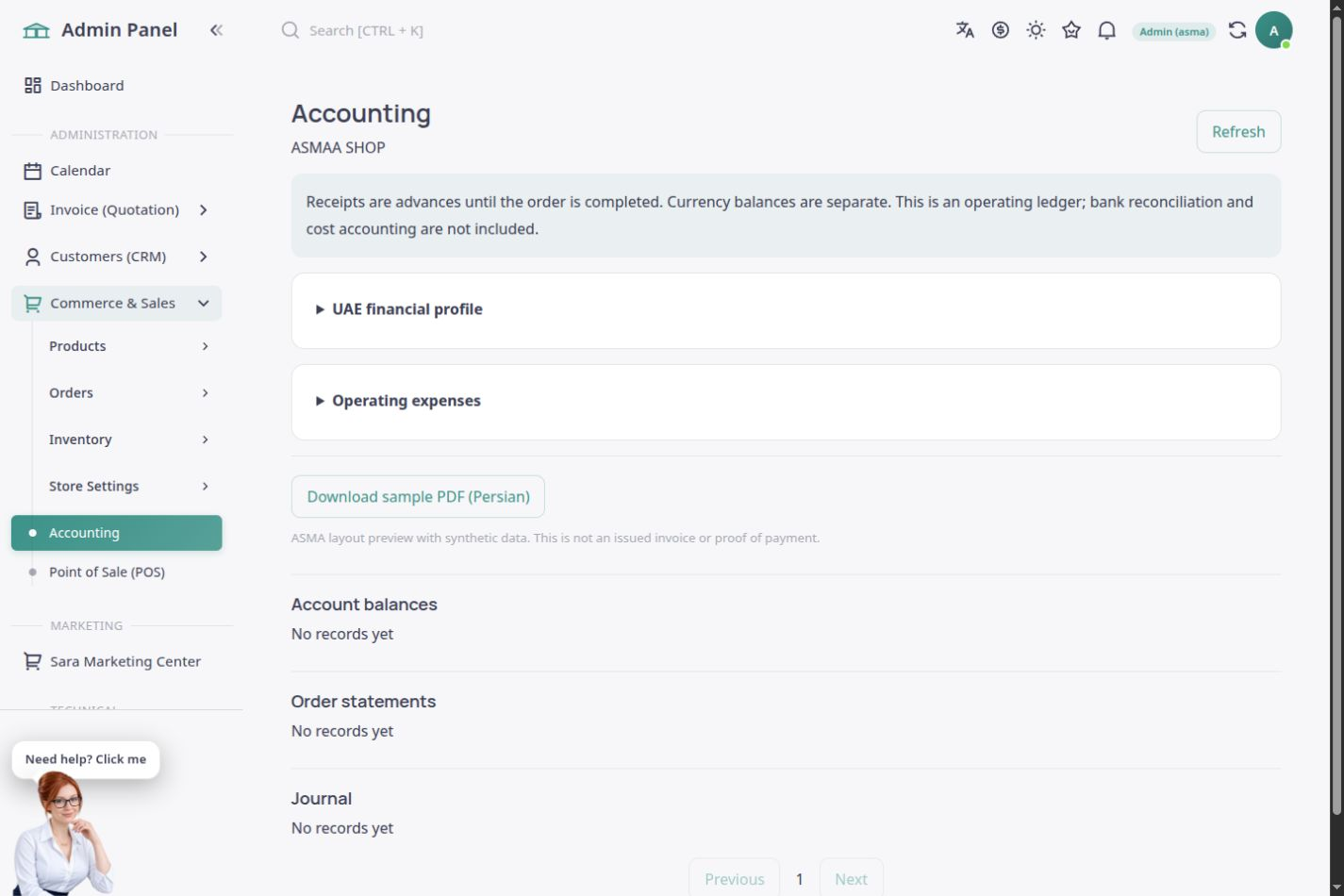English sales accounting page and ASMA Shop financial ledger