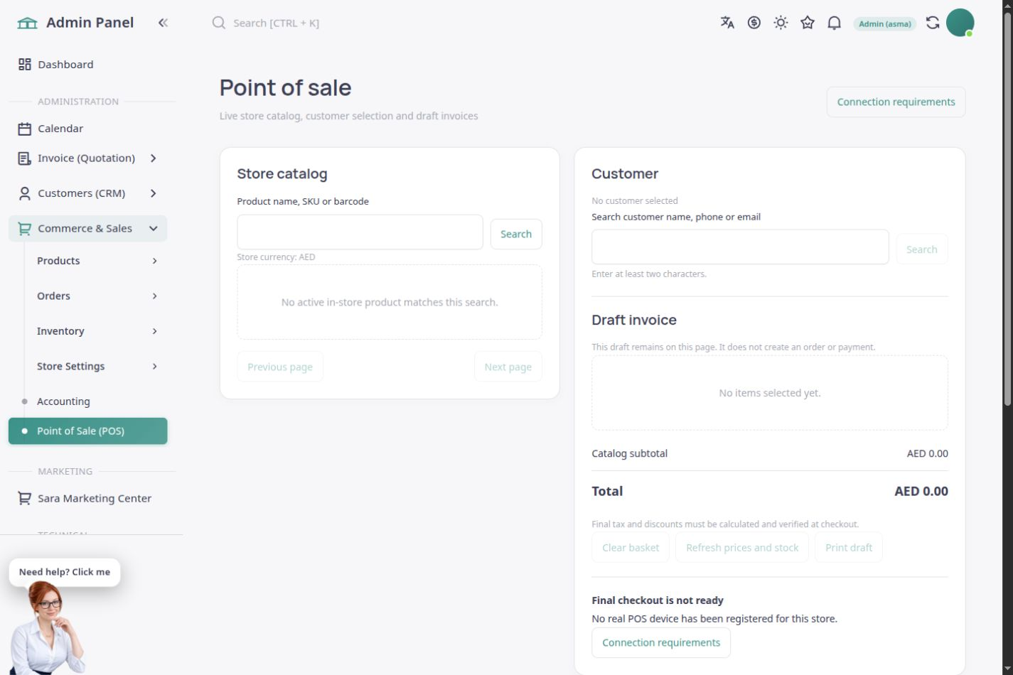 English ASMA Shop point of sale with the catalogue, pro forma invoice and actual device setup steps