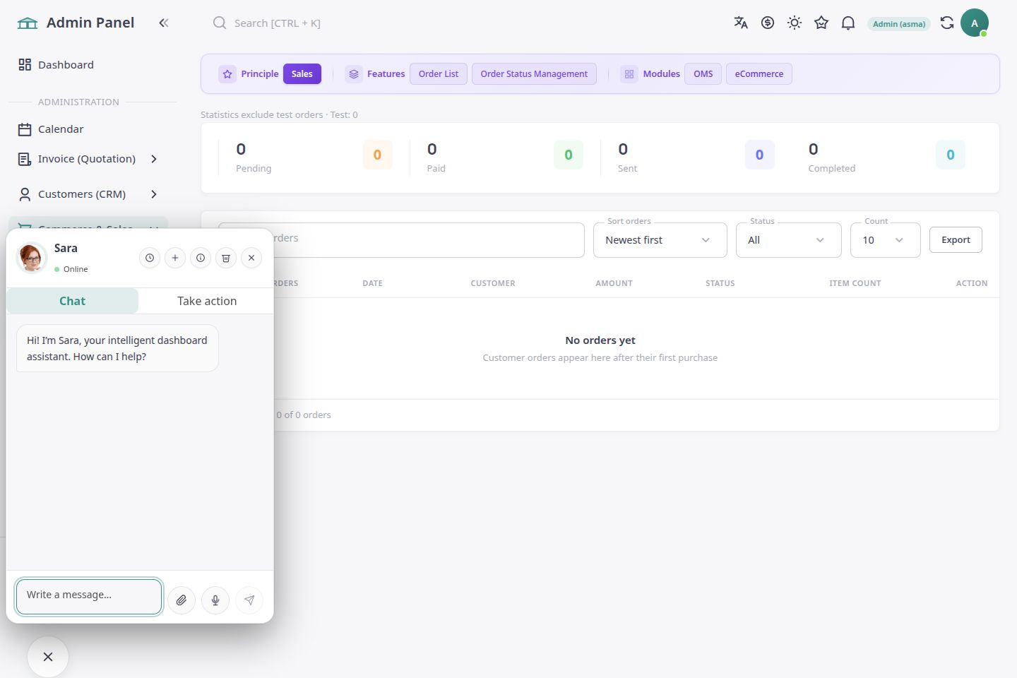 English ASMA Shop workspace for order tracking