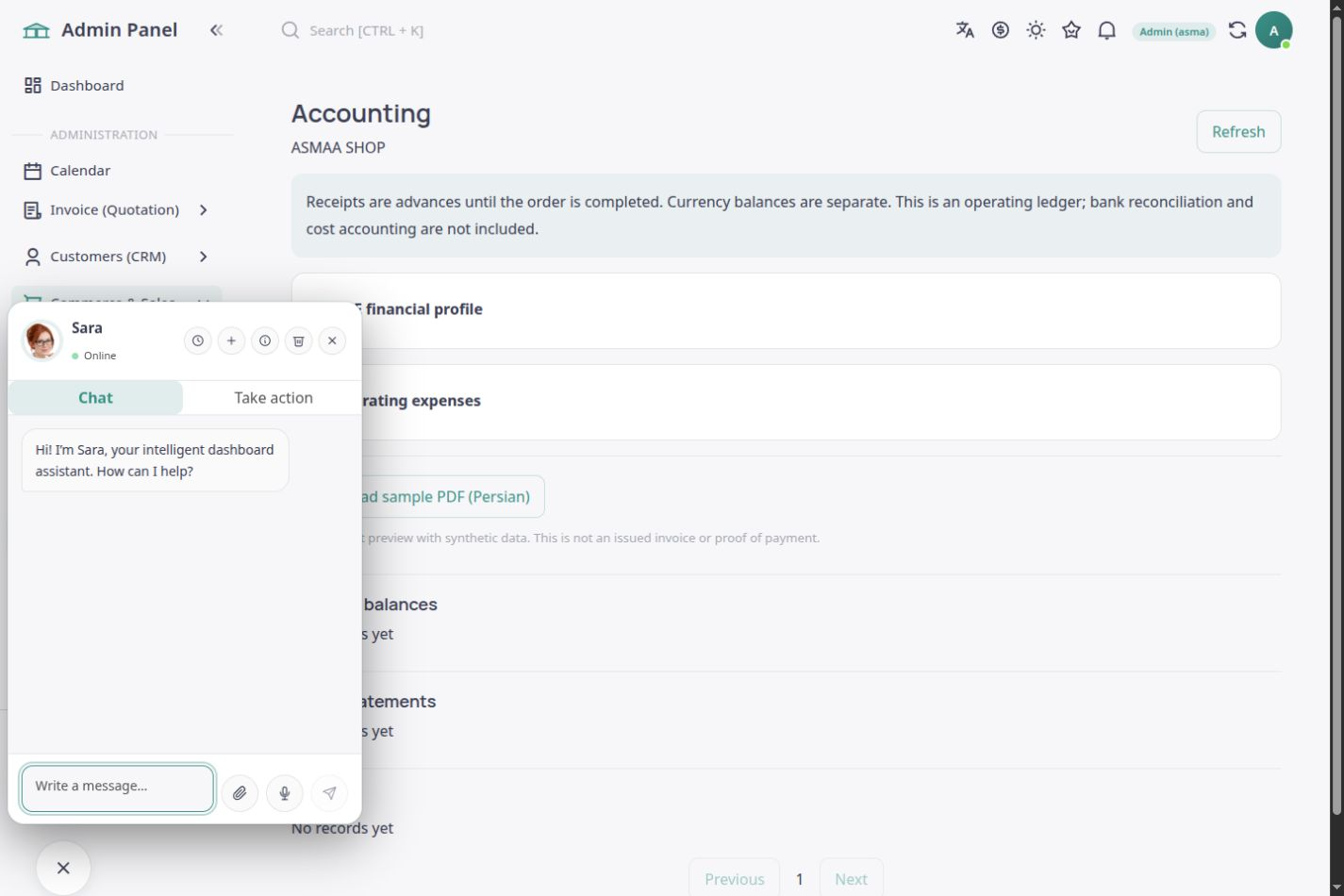 English ASMA Shop workspace for management reporting