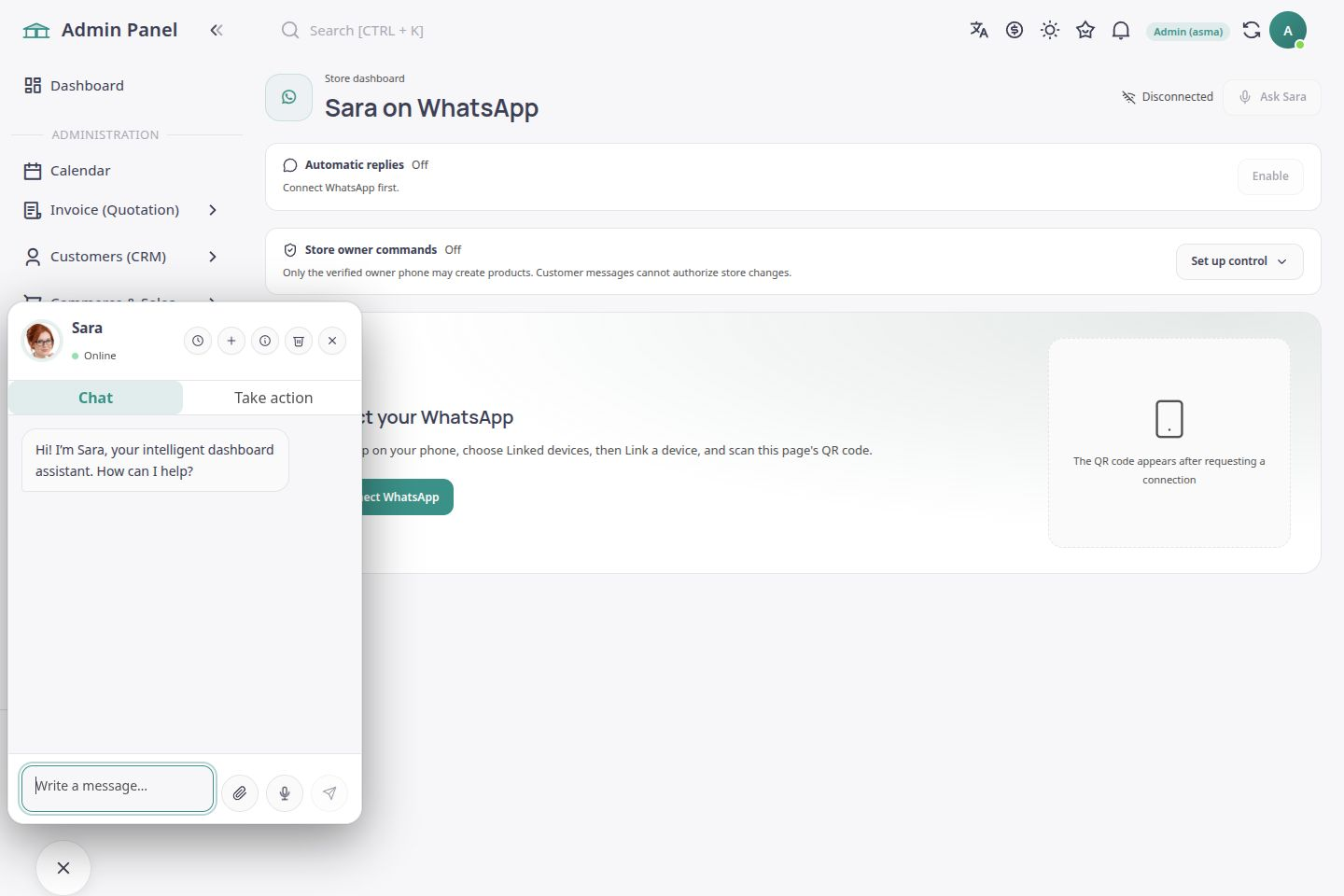 English ASMA Shop workspace for customer support