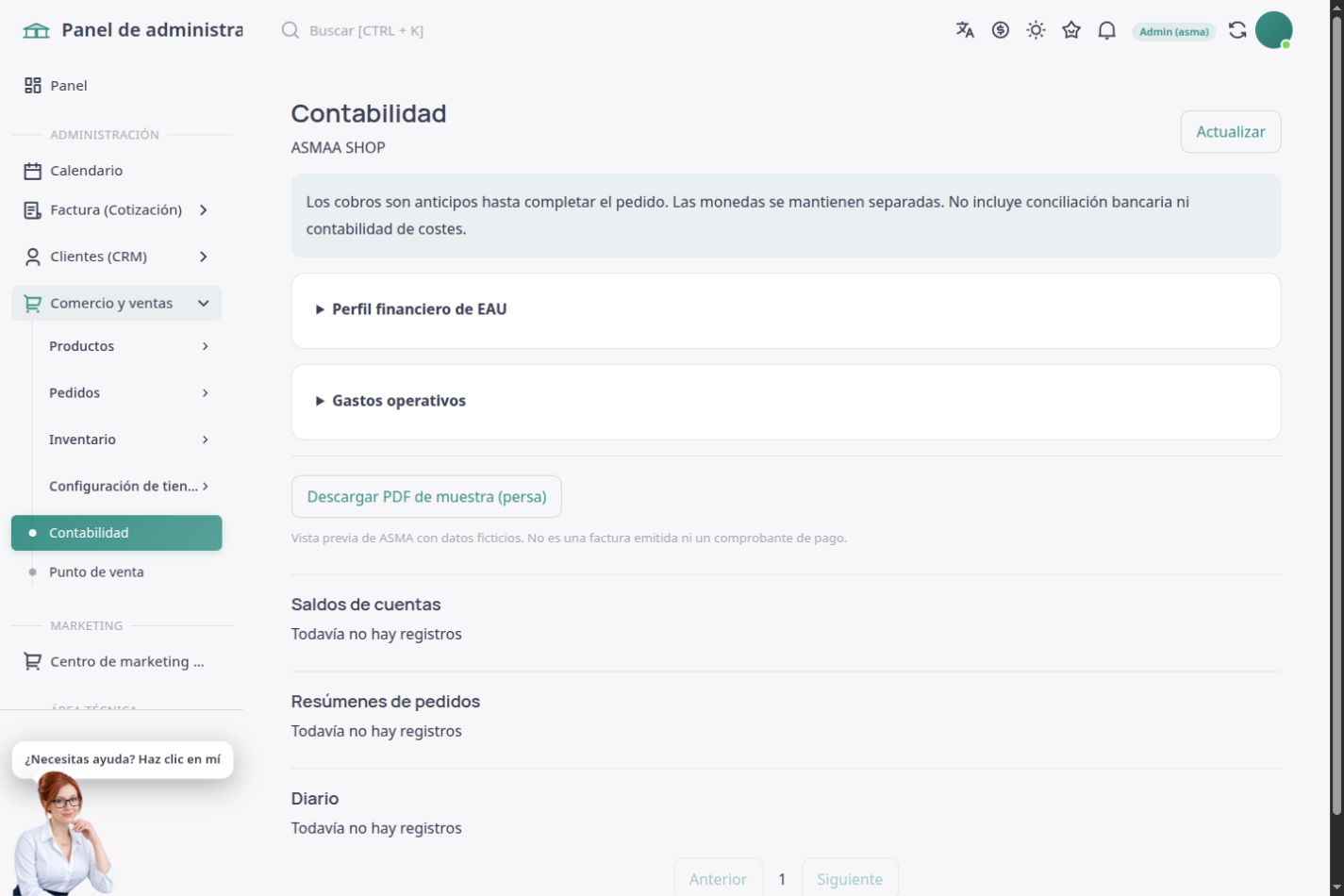 Página de contabilidad de ventas y libro financiero de ASMA Shop en español
