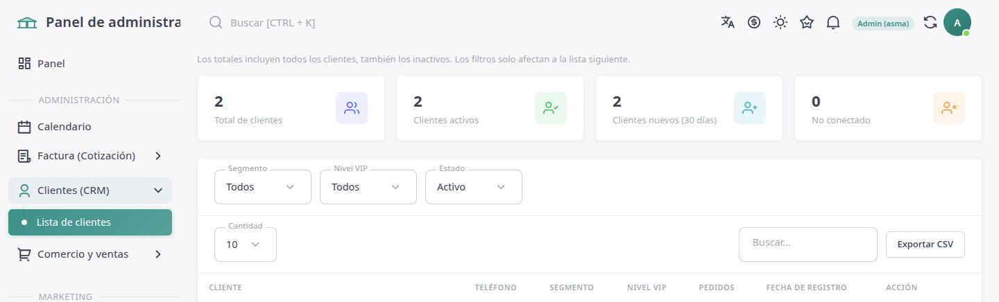 Lista de clientes en el panel de ASMA Shop en español