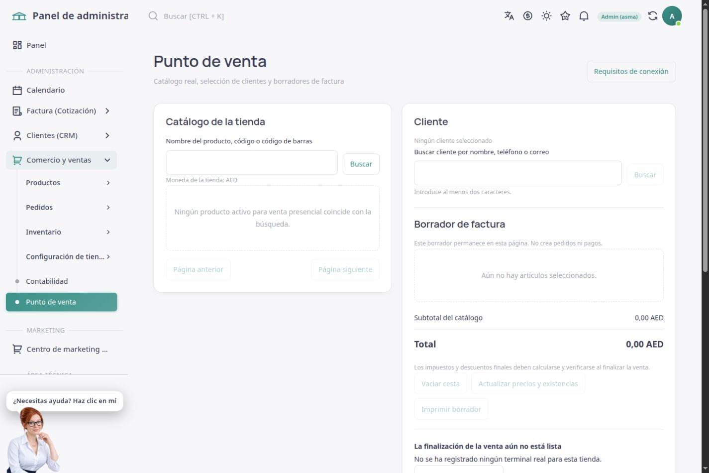 Punto de venta de ASMA Shop en español con catálogo, proforma y pasos de configuración del dispositivo real