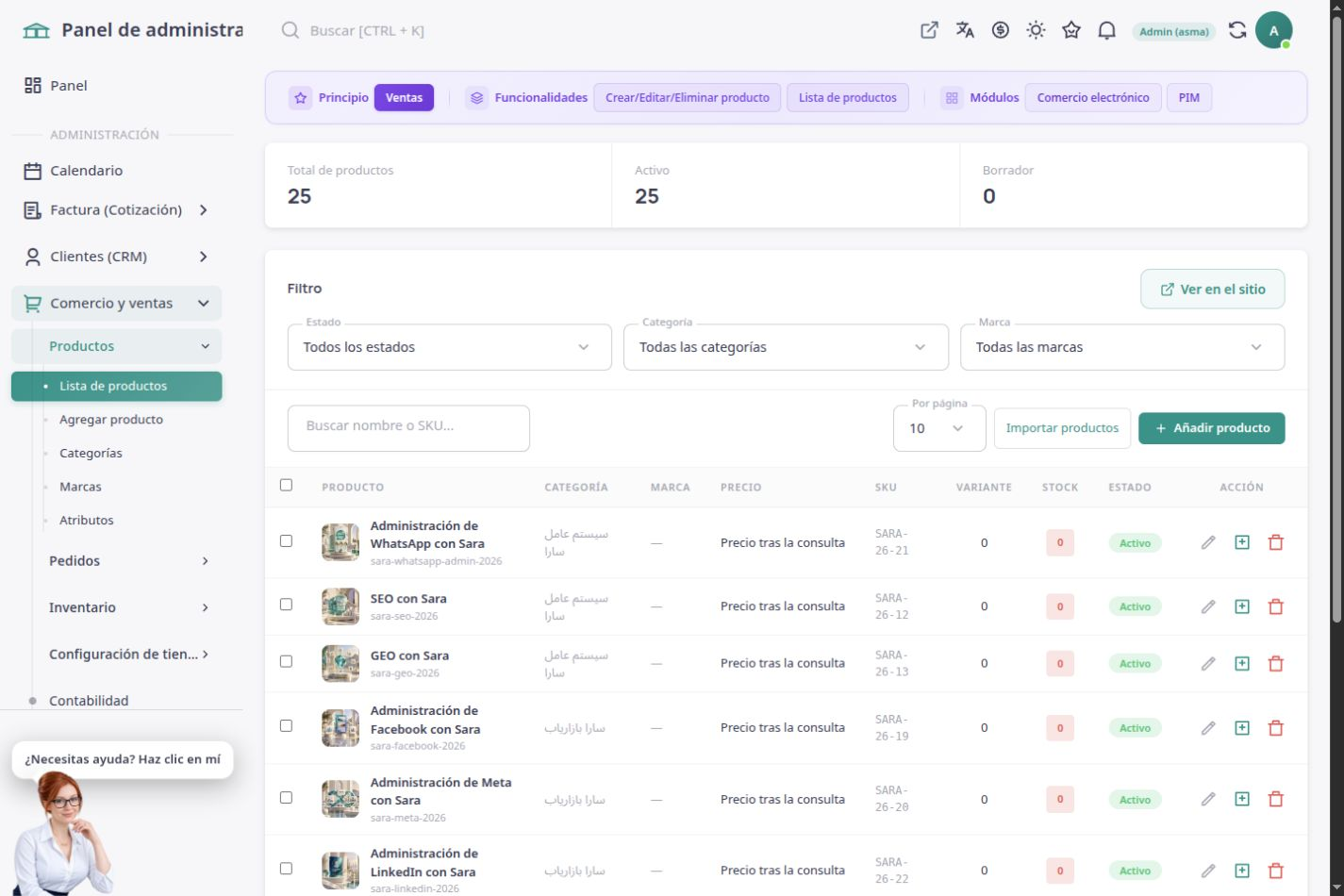 Lista de gestión de productos en el panel de ASMA Shop en español