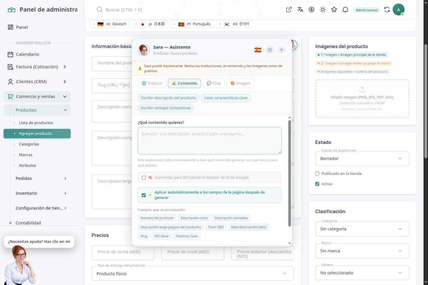 Espacio de ASMA Shop en español para creación de contenido