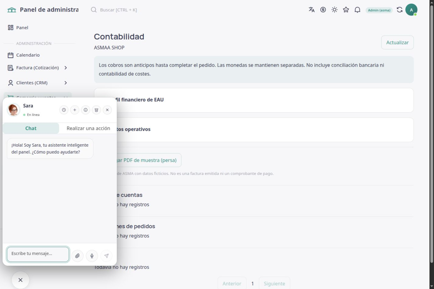 Espacio de ASMA Shop en español para informes de gestión