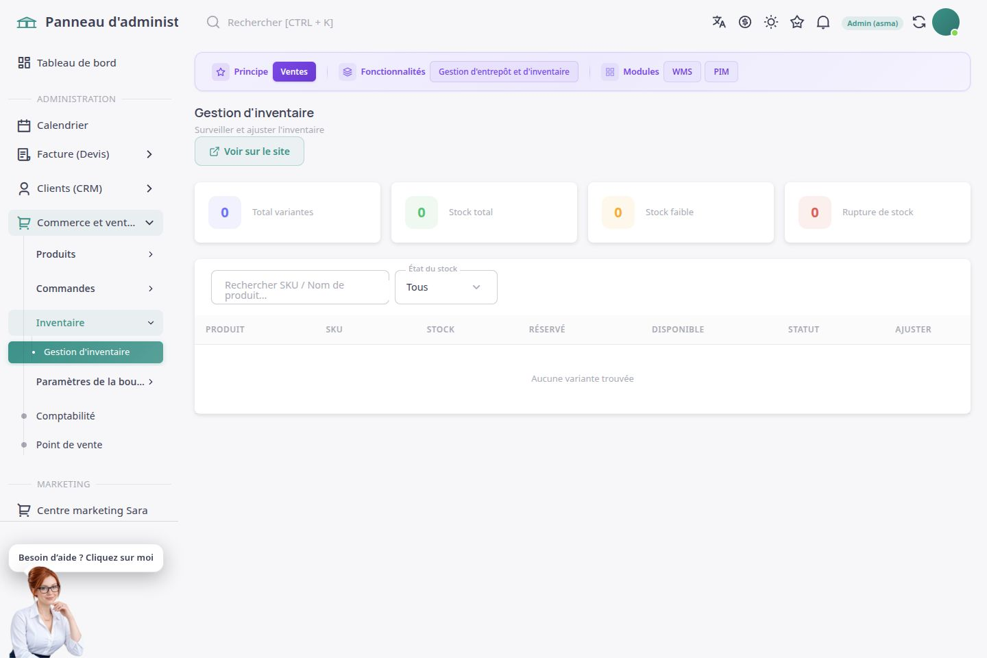 Page de gestion des stocks en français, avec quantités et disponibilités