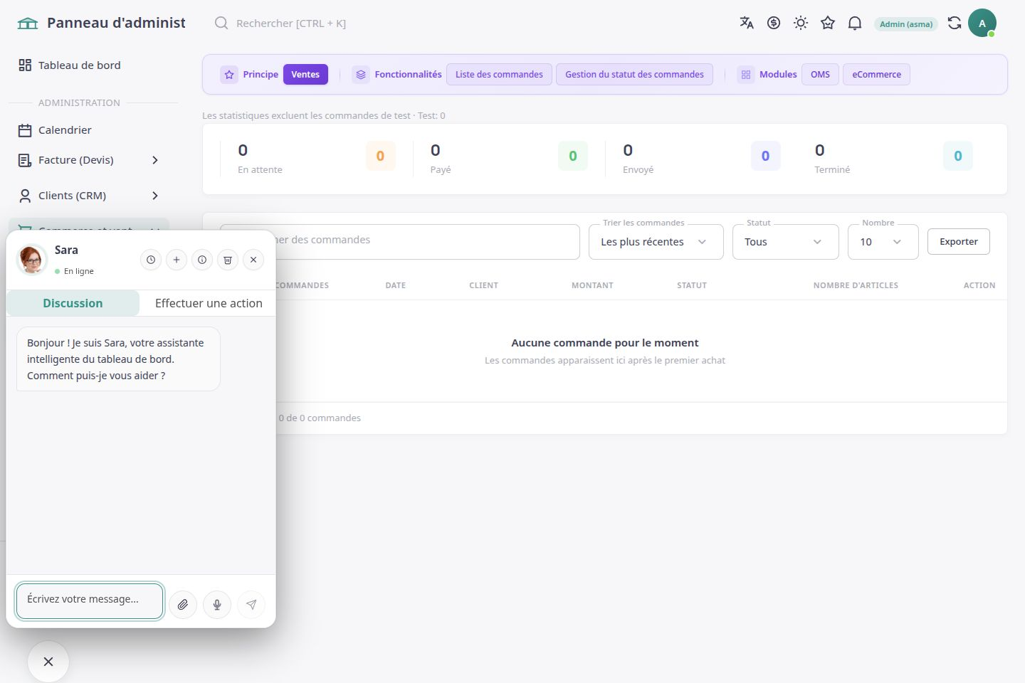 Espace ASMA Shop en français pour le suivi des commandes