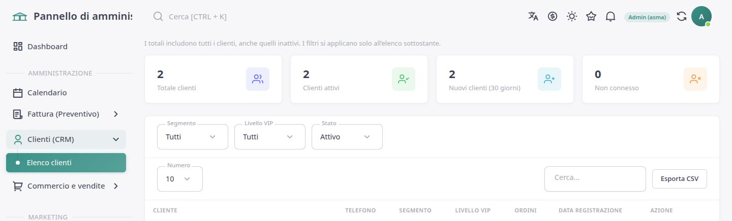 Elenco clienti nel pannello ASMA Shop in italiano