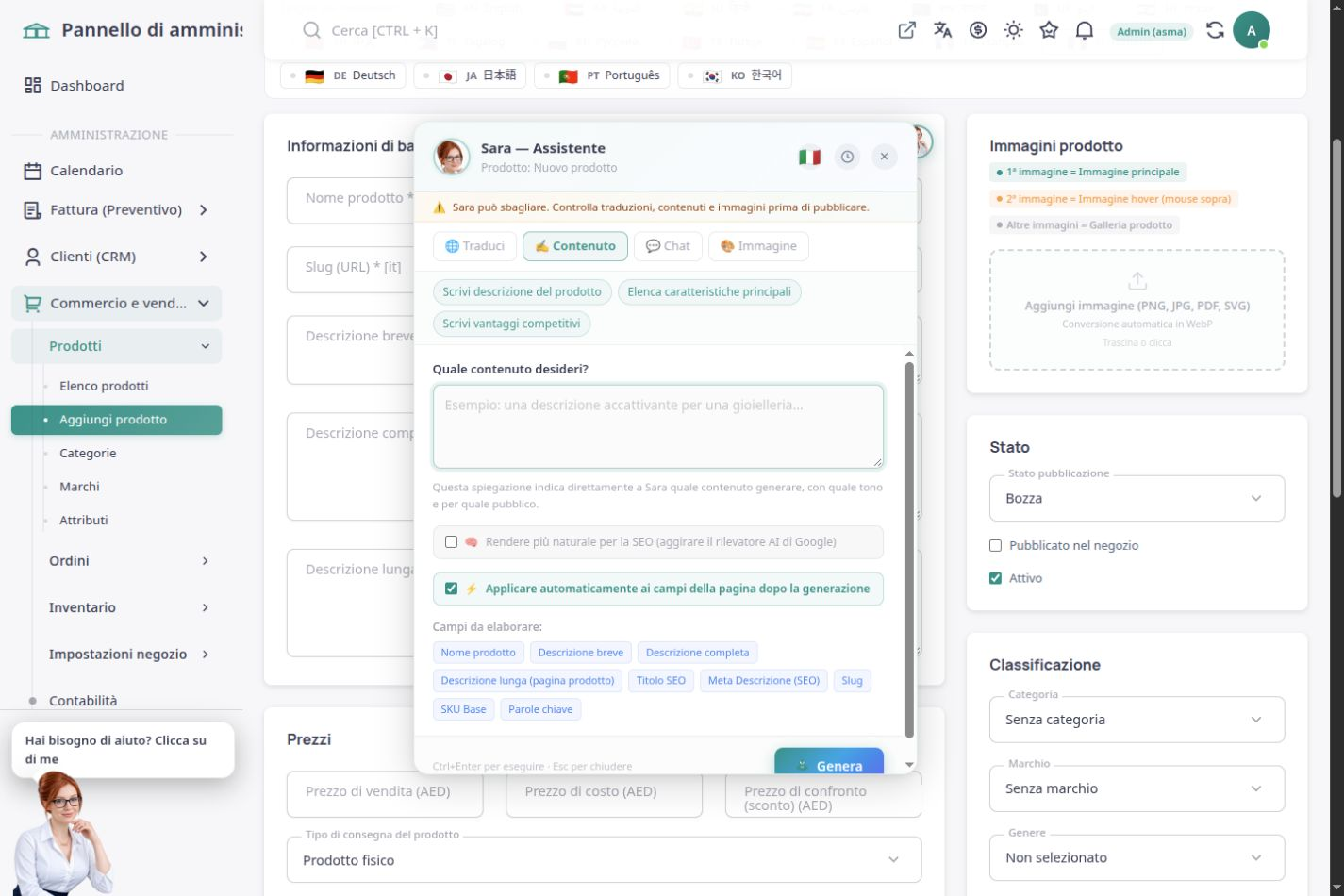 Ambiente ASMA Shop in italiano per la creazione di contenuti