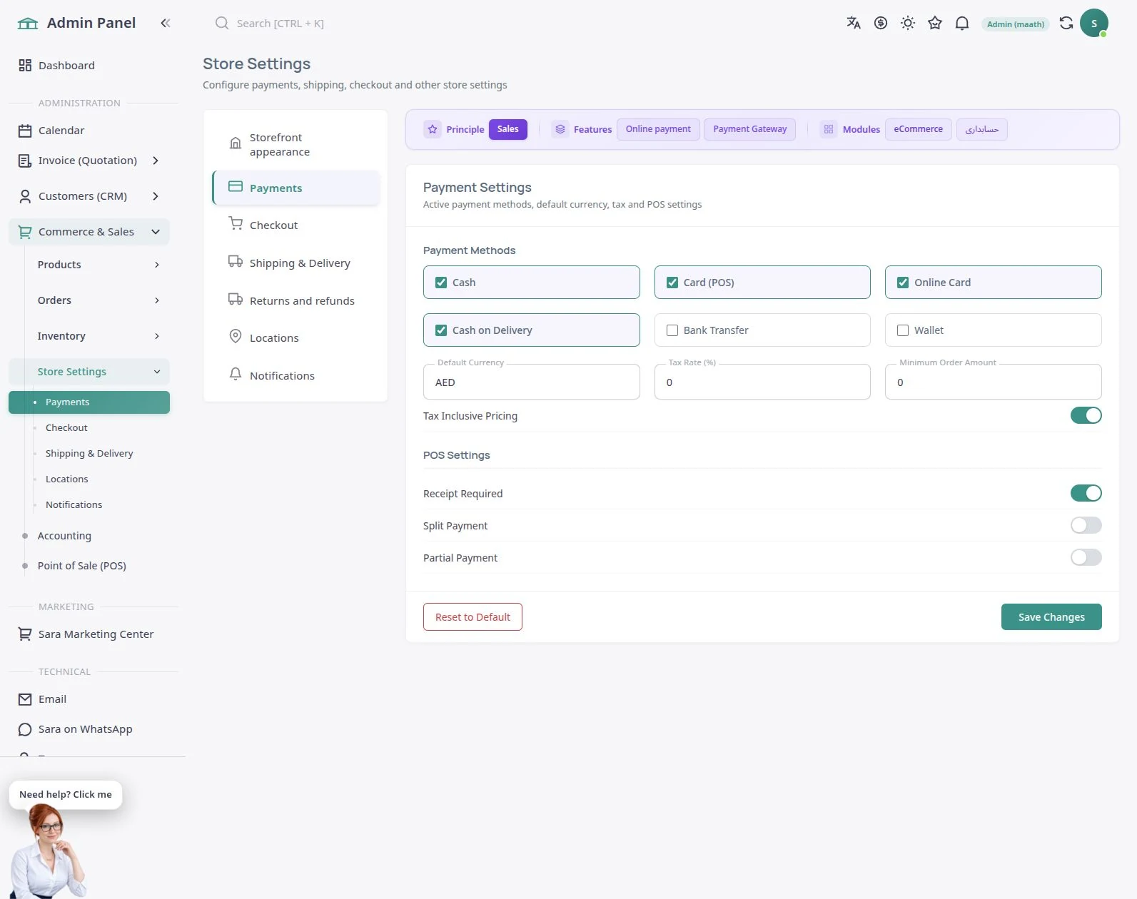 Sara Payment Settings