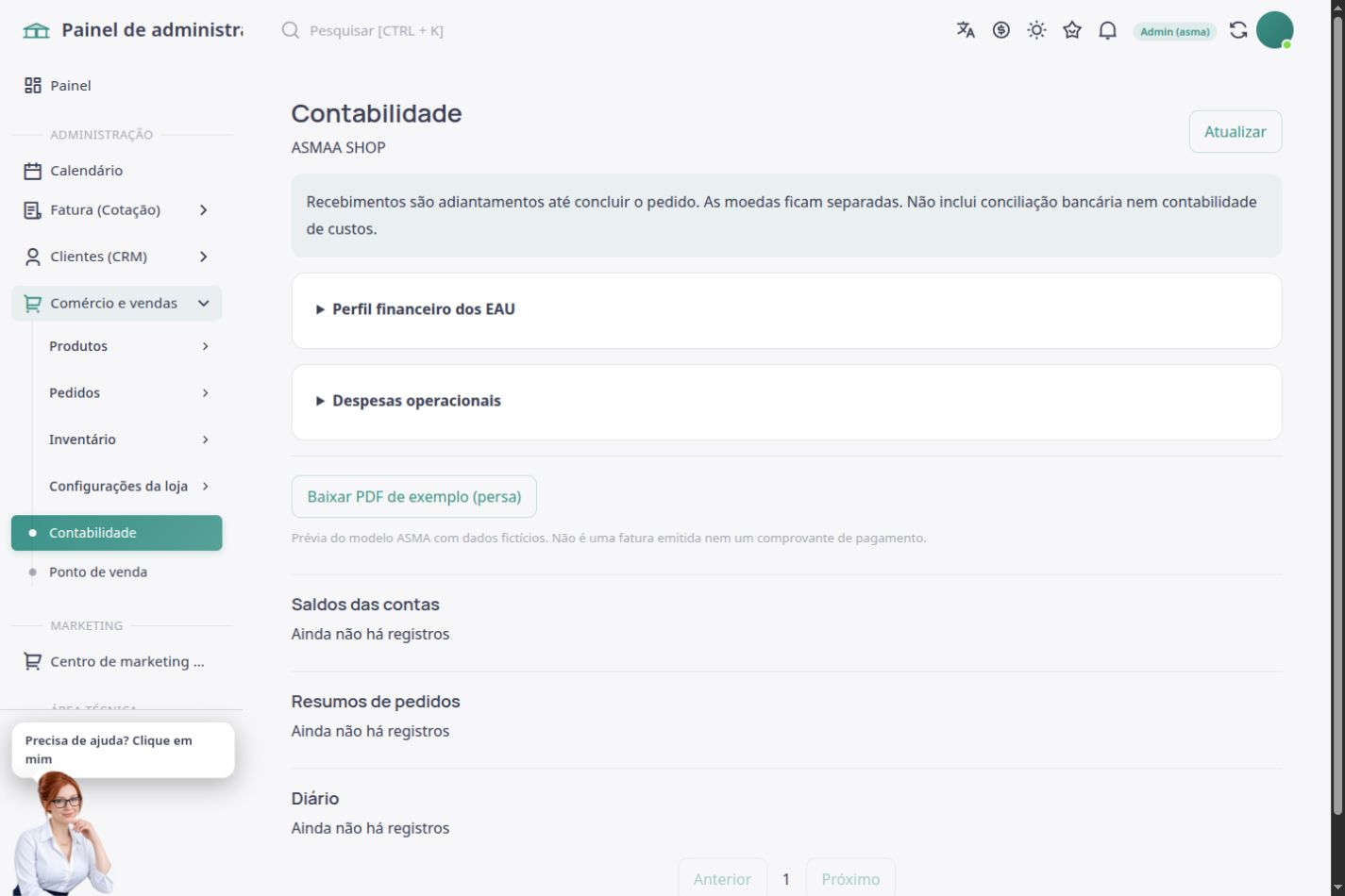Página de contabilidade de vendas e livro financeiro ASMA Shop em português