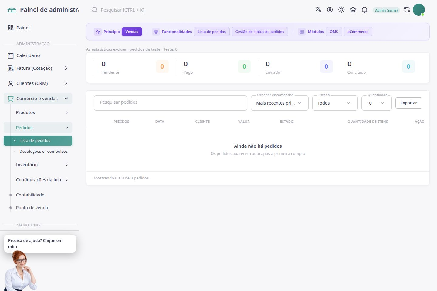 Lista de encomendas e respetivos estados na ASMA Shop em português