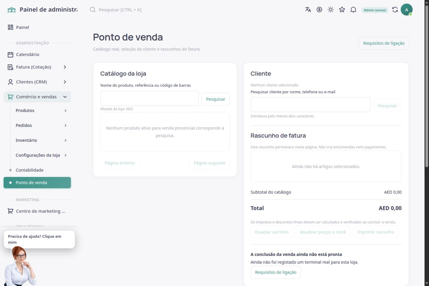 Ponto de venda ASMA Shop em português com catálogo, proforma e configuração do dispositivo real