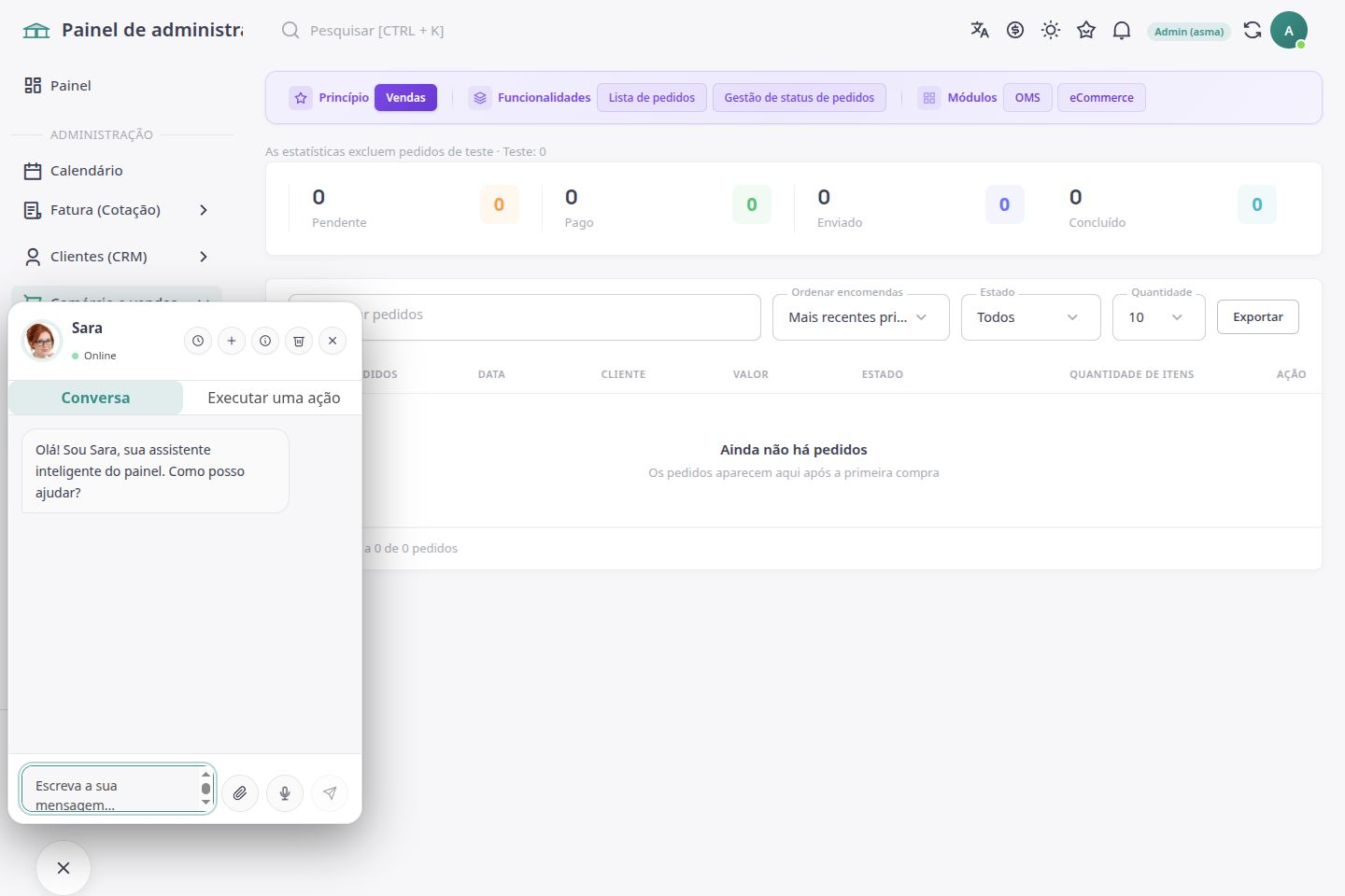 Espaço ASMA Shop em português para acompanhamento de encomendas