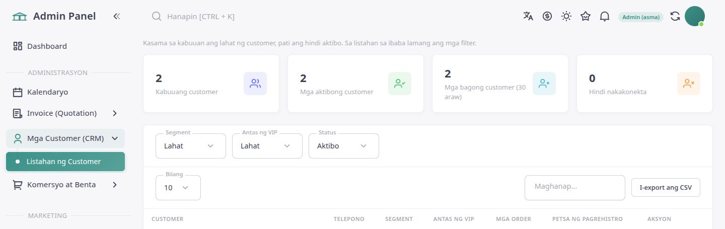 Listahan ng mga mamimili sa dashboard ng ASMAShop sa Filipino